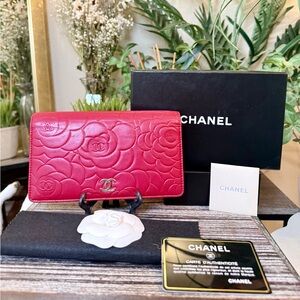 Chanel Red Floral Embossed Camelia Wallet Authentic